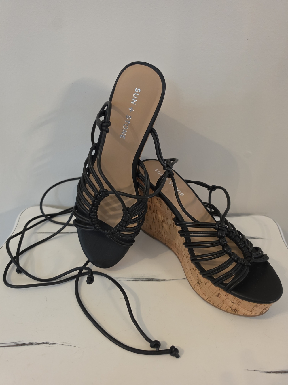 Sun + Stone Black Strappy Cork Wedge Lace-Up Sandals